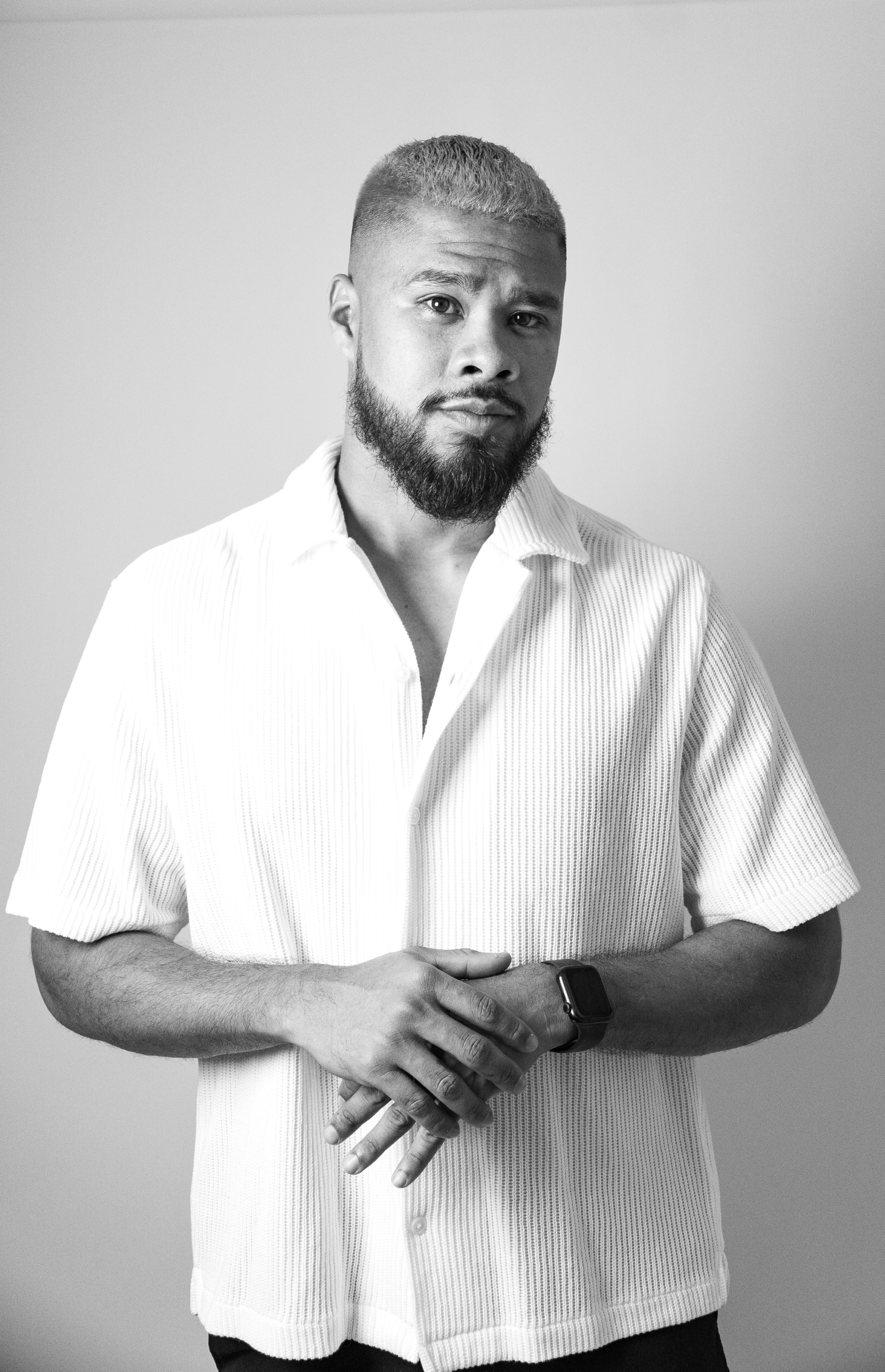 Black and white portrait, standing
