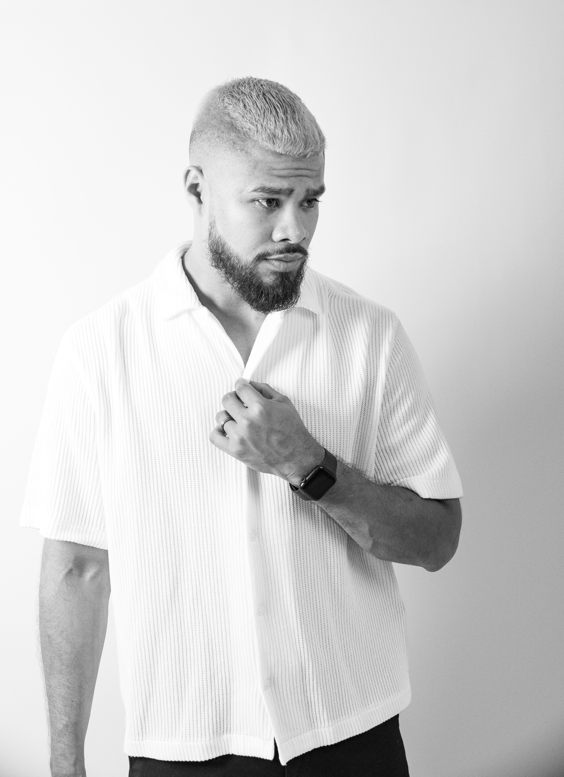 Black and white portrait looking to the side