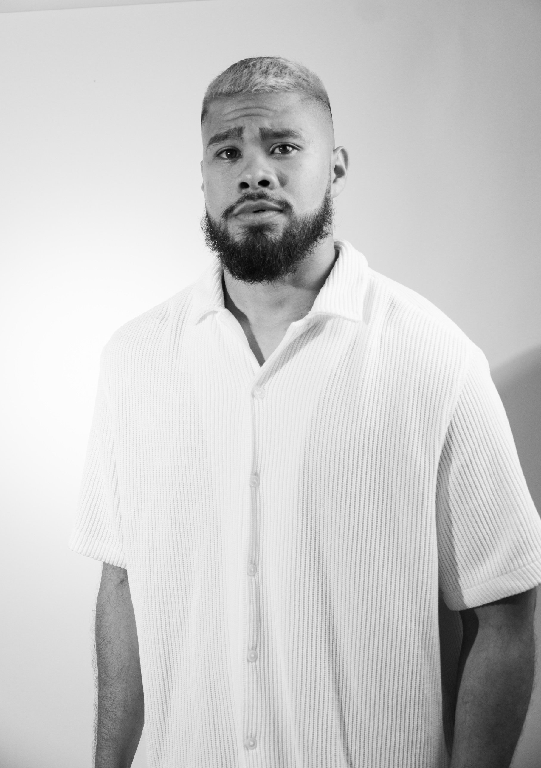 Black and white portrait, direct gaze